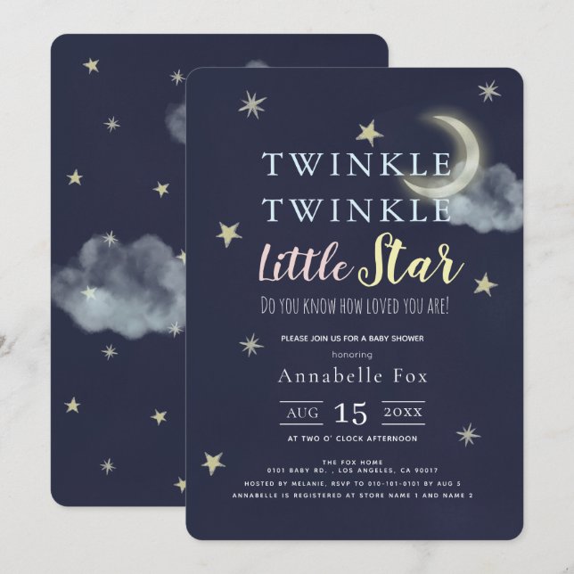 Twinkle Little Star Midnight Blue Baby Shower Invitation (Front/Back)