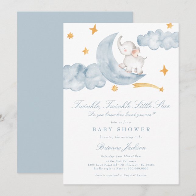 Twinkle Little Star Moon Blue Boy Baby Shower Invitation (Front/Back)