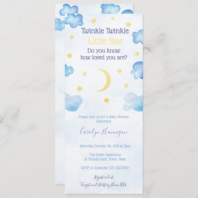 Twinkle Little Star Moon Clouds Sky Baby Shower Invitation (Front/Back)