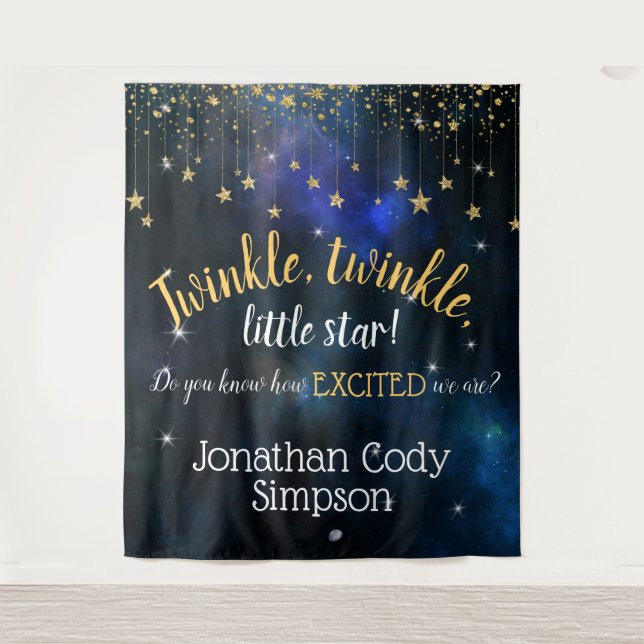 Twinkle Little Star Navy Gold Galaxy Baby Shower Tapestry (Front)