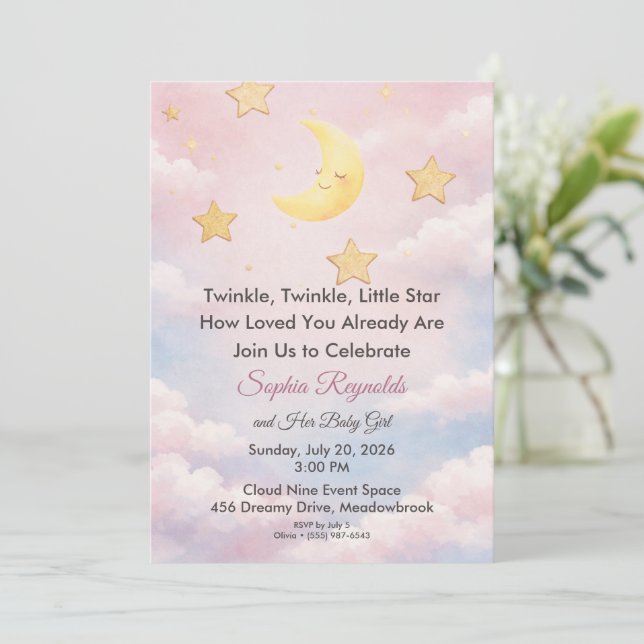 Twinkle Little Star Pink Baby Shower Invitation (Standing Front)