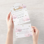 Twinkle Little Star Pink Book Baby Shower All In One Invitation<br><div class="desc">This cute twinkle twinkle little star" baby shower invitation features a white background with faux gold glitter stars and fluffy pink clouds. It includes a book request/books for baby/please bring a book card. Personalize for your needs. You can find more matching products at my store.</div>