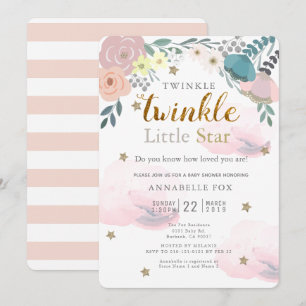 Twinkle Little Star Pink Floral Baby Shower Invitation