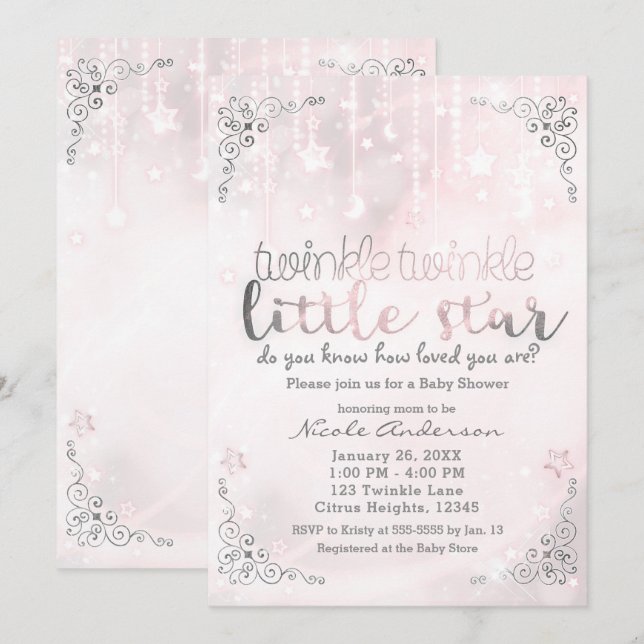 Twinkle little Star Pink & Silver Baby Shower Invitation (Front/Back)