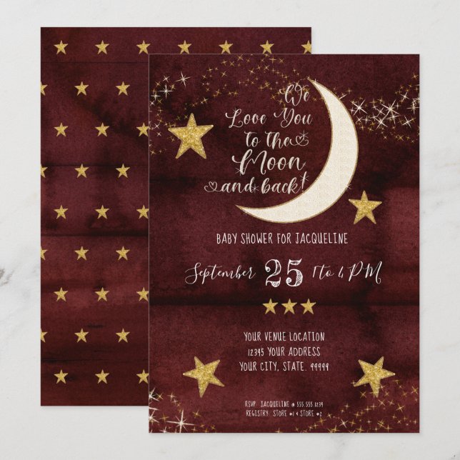Twinkle Little Star Red Burgundy Moon Baby Shower Invitation (Front/Back)