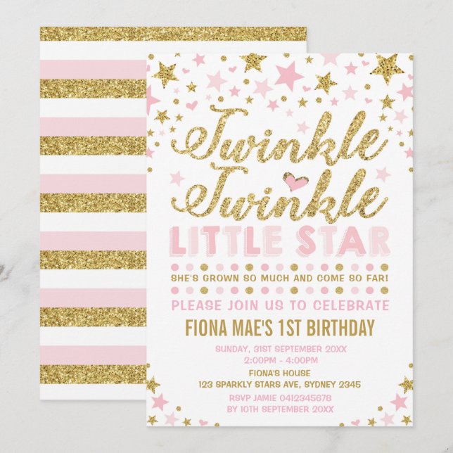 Twinkle Little Star Rose & Gold Invitation d'anniv (Devant / Derrière)