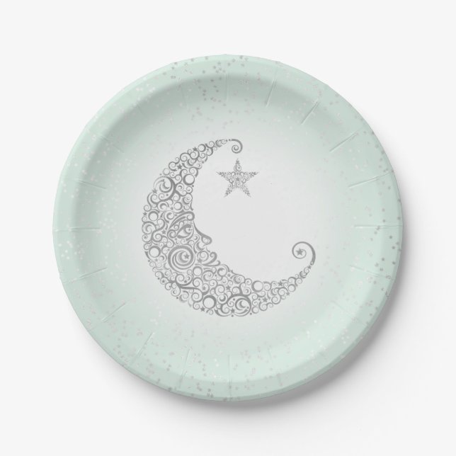 Twinkle Little Star Silver Moon Mint Paper Plate (Front)