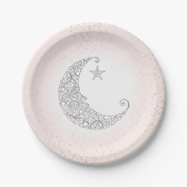 Twinkle Little Star Silver Moon Pink Paper Plate (Front)