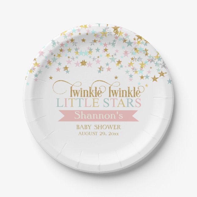 Twinkle Little Stars Twins Baby Shower Any Colour Paper Plate (Front)