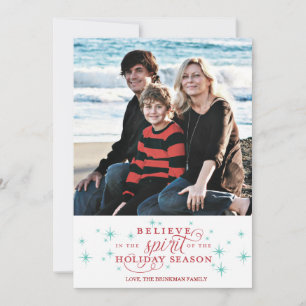 Twinkle Red Script & Blue Stars Holiday Photo Card