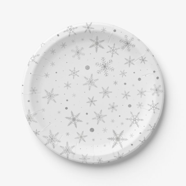 Twinkle Snowflake -Silver Grey & White- Paper Plate (Front)