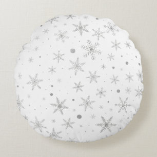 Twinkle Snowflake -Silver Grey & White- Round Pillow