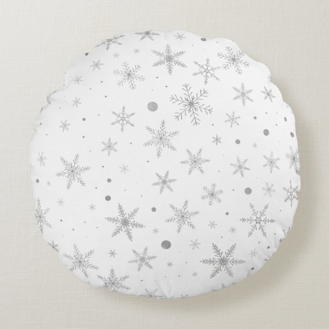 Twinkle Snowflake -Silver Grey & White- Round Pillow (Front)