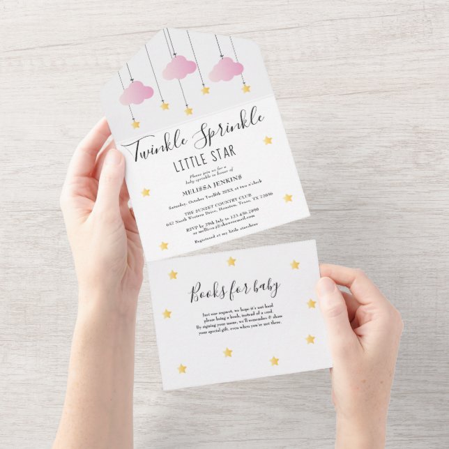 Twinkle Sprinkle Gold Stars Pink Cloud Baby Shower All In One Invitation (Tearaway)