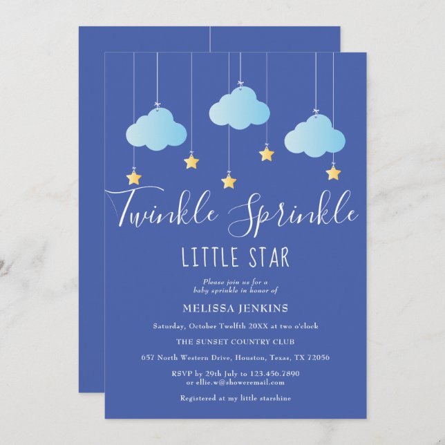 Twinkle Sprinkle Little Star Baby Shower Blue Invitation (Front/Back)