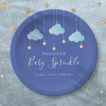 Twinkle Sprinkle Little Star Baby Shower Blue Paper Plate<br><div class="desc">Featuring cute blue clouds and golden stars on strings,  on a blue background,  these pretty paper plates are perfect for a special baby boy sprinkle,  shower or couples shower. Designed by Thisisnotme©</div>