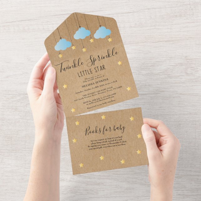 Twinkle Sprinkle Rustic Blue Clouds Baby Shower All In One Invitation (Tearaway)