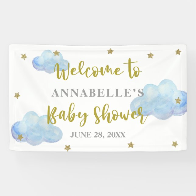 Twinkle Star Blue Clouds Baby Shower Backdrop Banner (Horizontal)