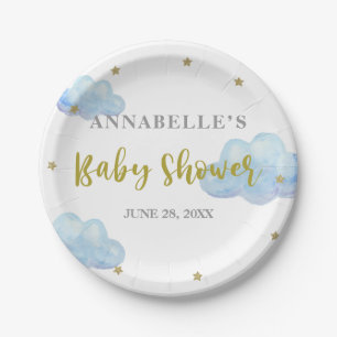 Twinkle Star Blue Clouds Watercolor Baby Shower Paper Plate