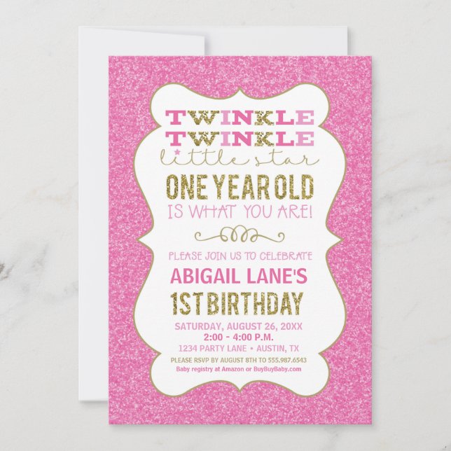 Twinkle Star First Birthday Invitation Pink Gold (Front)