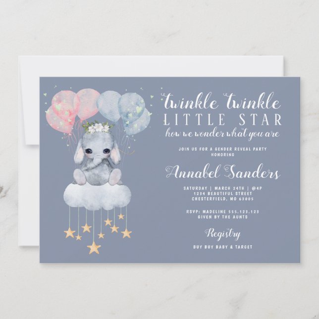 Twinkle Star Gender Reveal Baby Elephant Invitation (Front)