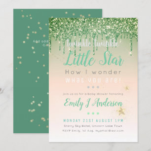 TWINKLE STAR Green Pink Gold Glitter Baby Girl Invitation