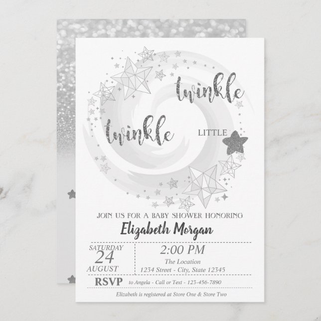 Twinkle Star Silver Glitter Baby Shower Invitation (Front/Back)