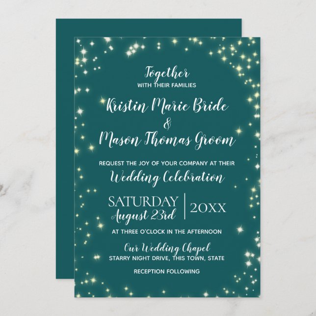 Twinkle Stars Teal Sparkle Wedding Invitation (Front/Back)