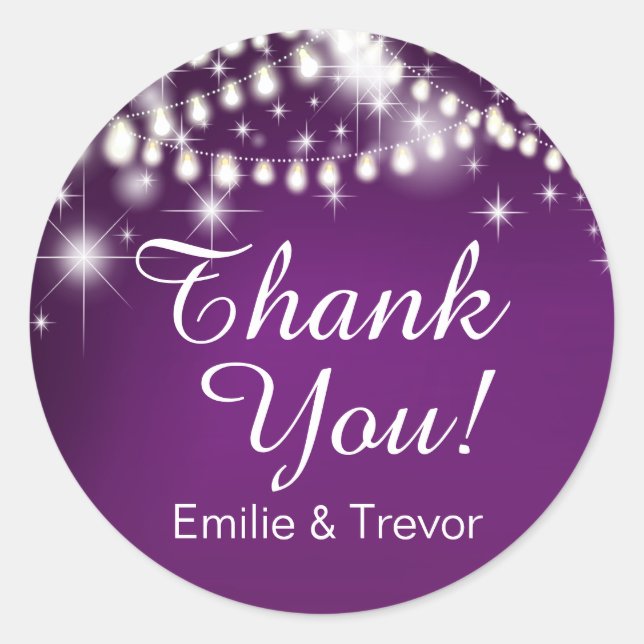 Twinkle String Lights Thank You purple Classic Round Sticker (Front)