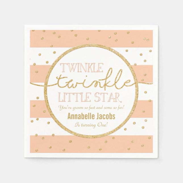 Twinkle Twinkle Coral and Gold Birthday Napkin (Front)
