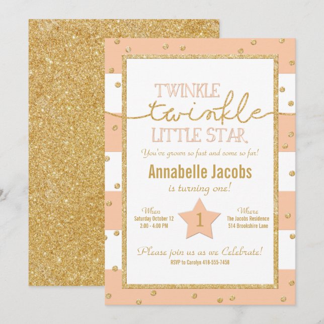 Twinkle Twinkle Coral et or Invitation d'anniversa (Devant / Derrière)