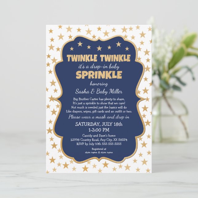Twinkle Twinkle Drop-in Navy Gold Baby Sprinkle Invitation (Standing Front)