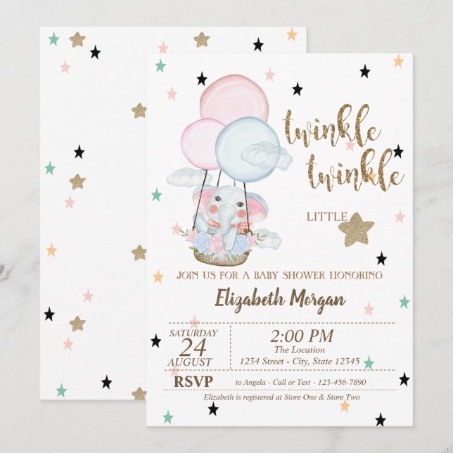 Twinkle Twinkle, Elephant Balloons Baby Shower Invitation (Front/Back)
