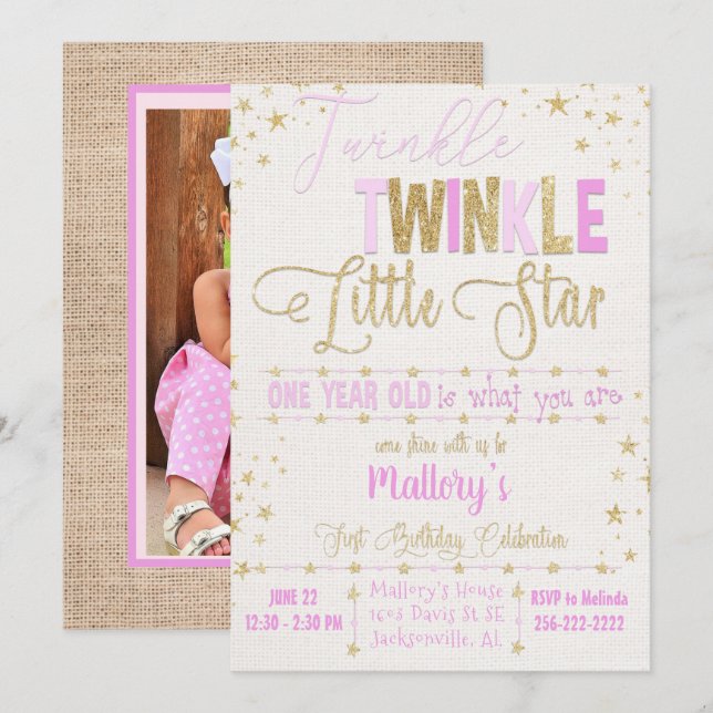 Twinkle Twinkle Little Star 1er B’day Invitation (Devant / Derrière)