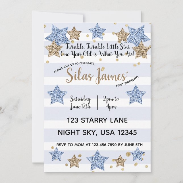 Twinkle Twinkle Little Star 1st Birthday Blue Gold Invitation (Front)