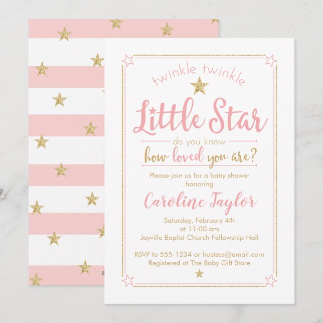 Twinkle Twinkle Little Star Baby Shower Pink Gold Invitation (Front/Back)