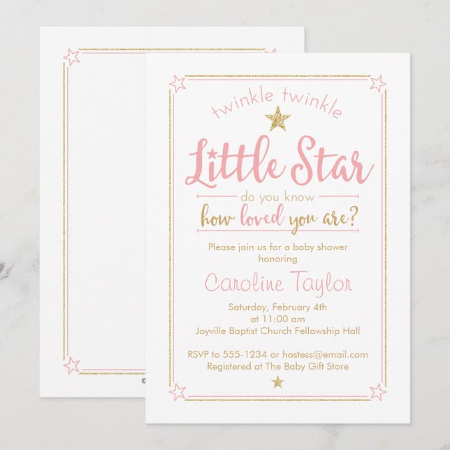 Twinkle Twinkle Little Star Baby Shower Pink Gold Invitation (Front/Back)