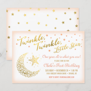 Twinkle, Twinkle, Little Star Birthday Party coral Invitation