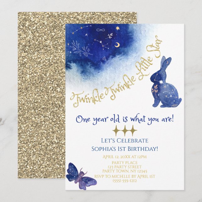 Twinkle Twinkle Little Star Blue Gold Watercolor Invitation (Front/Back)