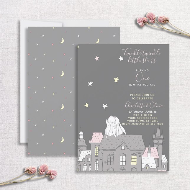 Twinkle Twinkle Little Star Bunny Twins 1st Party Invitation (Creator Uploaded)