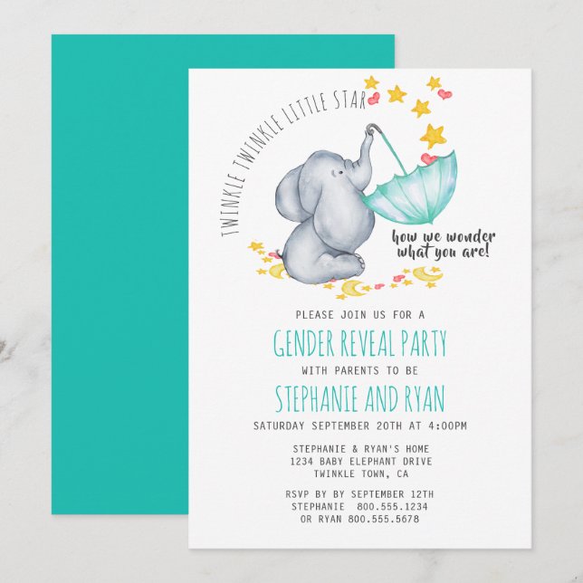 Twinkle Twinkle Little Star Elephant Gender Reveal Invitation (Front/Back)