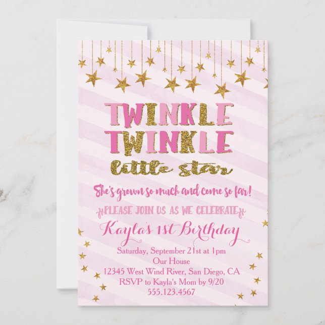 Twinkle Twinkle Little Star Invitation Pink (Front)
