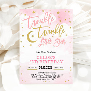 Twinkle Twinkle Little Star Pink Girl Birthday Invitation