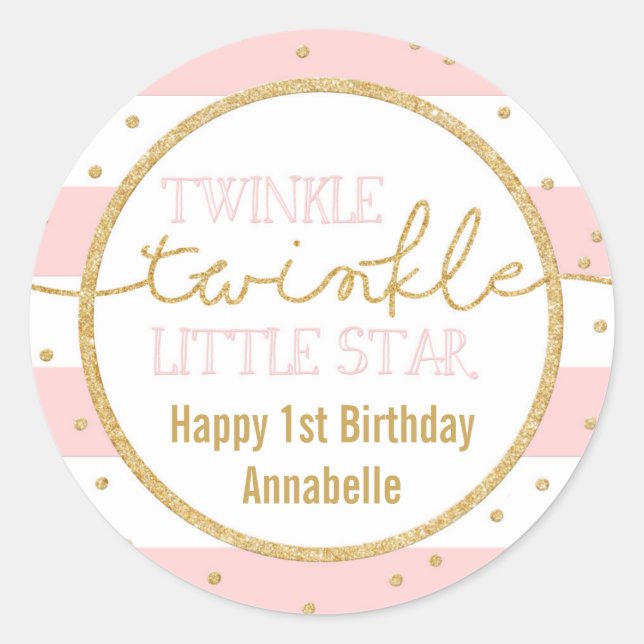 Twinkle Twinkle Pink and Gold Birthday Sticker (Front)