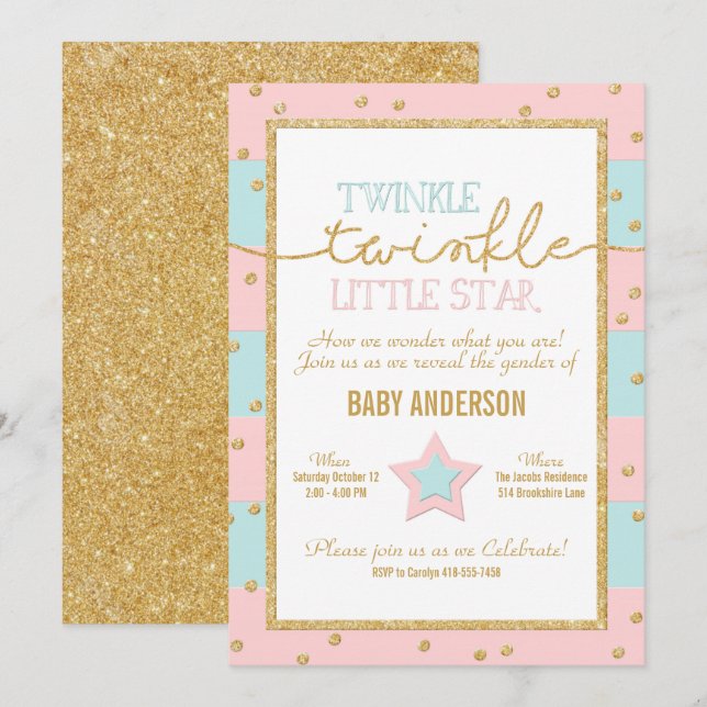 Twinkle Twinkle Pink Blue Gold Gender Reveal Invitation (Front/Back)