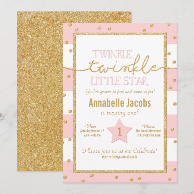 Twinkle Twinkle rose et or Invitation d'anniversai (Devant / Derrière)