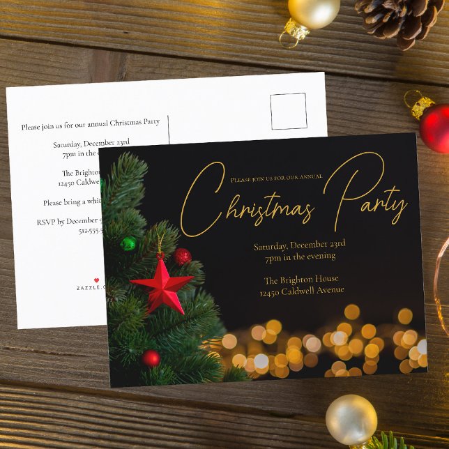 Twinkling Gold Lights Modern Christmas Party Invitation Postcard (Creator Uploaded)