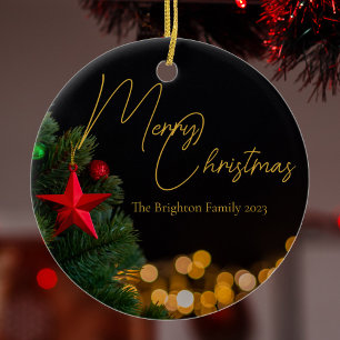 Twinkling Gold Lights Modern Custom Christmas Ceramic Ornament