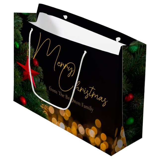 Twinkling Gold Lights Modern Merry Christmas Party Large Gift Bag (Front Angled)