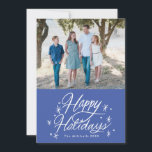 Twinkling Hand Lettered Happy Holidays Photo Blue Holiday Card<br><div class="desc">Original hand-lettered "Happy Holidays" with stars with name on the front. Customize the backer colour and add text or photos as desired. Blue and White.</div>